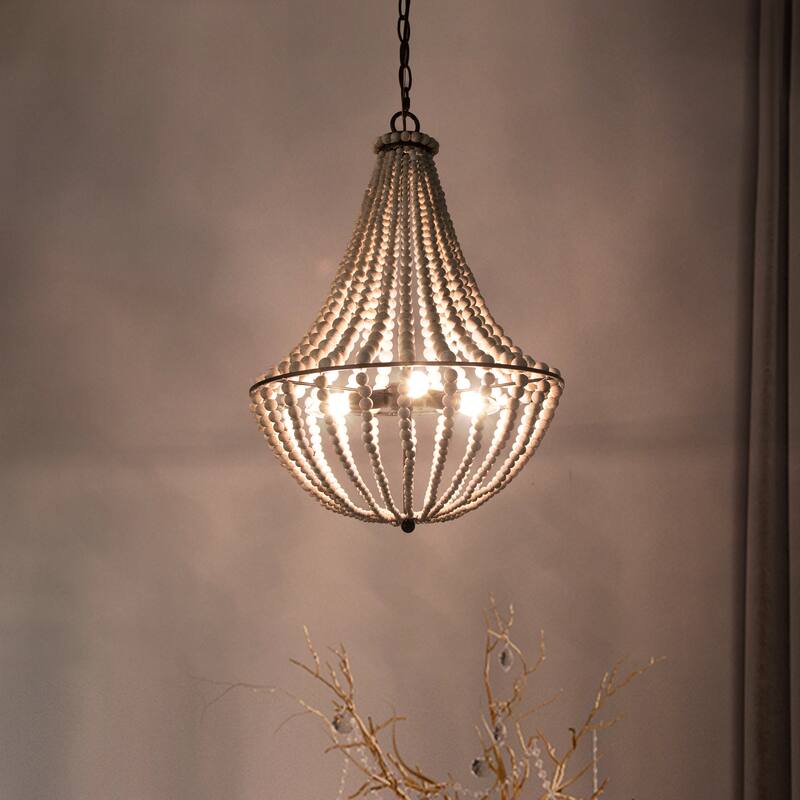 Modern Farmhouse 3-Light Wood Beads Coastal Chandelier - Off-white - 15.5'' L x 15.5'' W x 22'' H