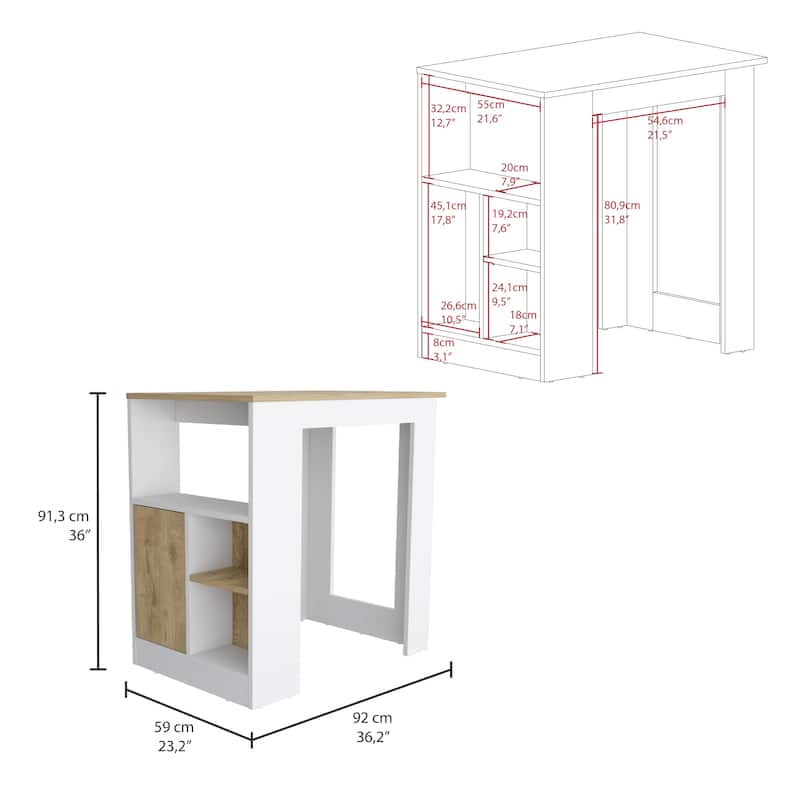 Stirling Kitchen Island with 1-Door Cabinet Push to open System and Side Shelves