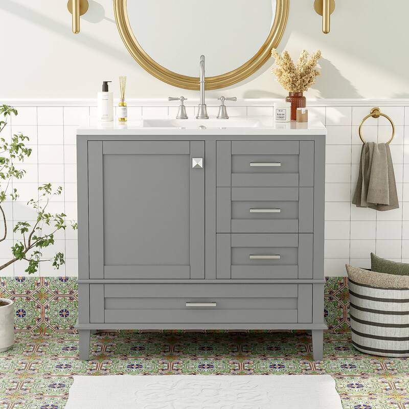 Simple Freestanding Bathroom Vanity Storage Cabinet with 3 Drawers of Different Sizes, Soft Close Door and Metal Handles - Grey