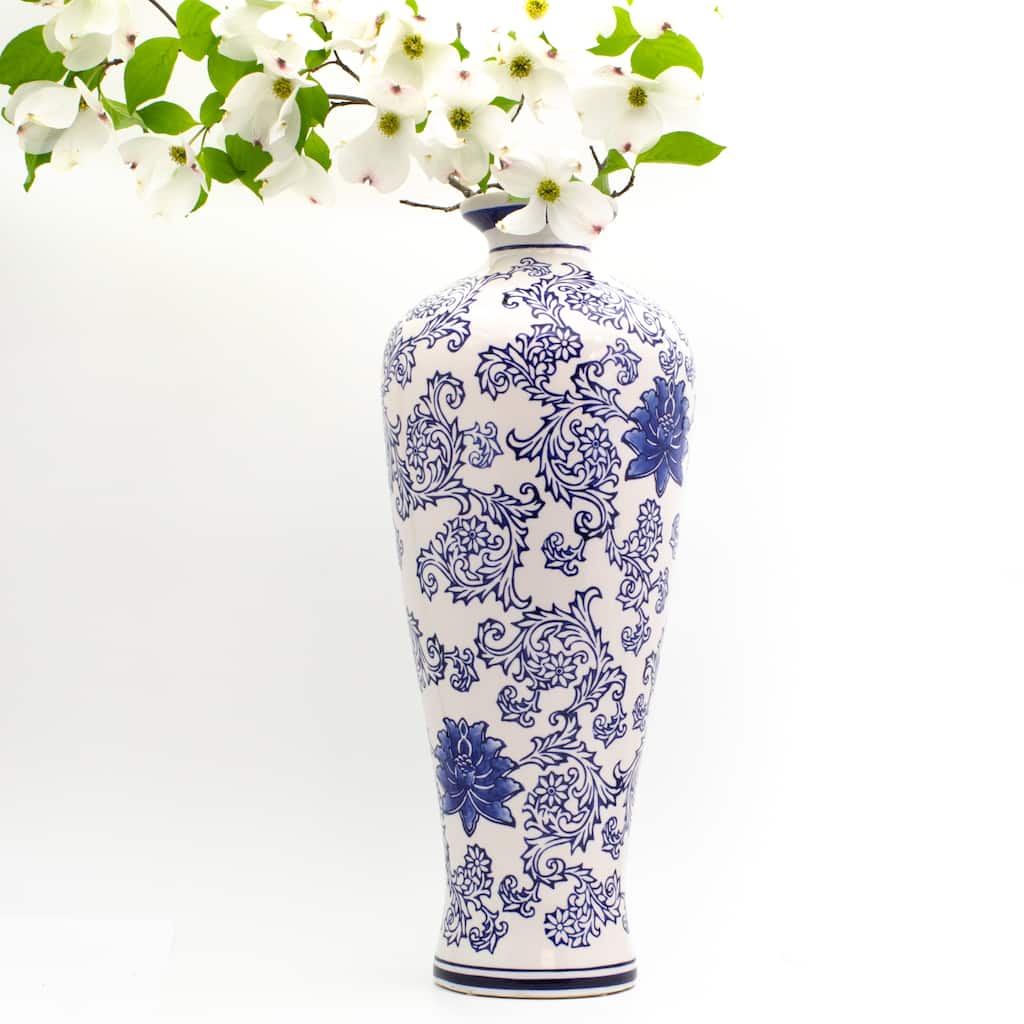 Euro Ceramica Blue Garden 20" White Tall Vase