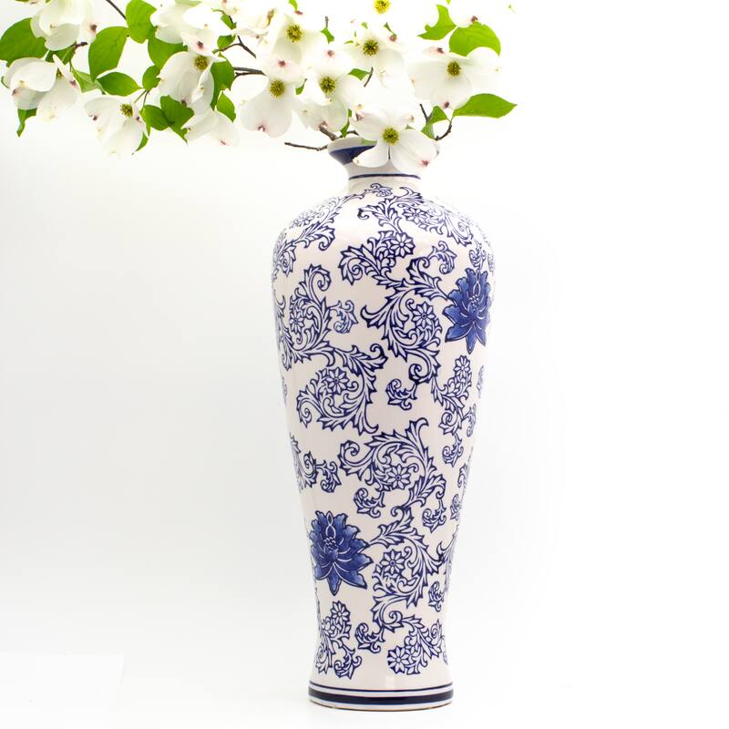 Euro Ceramica Blue Garden 20" White Tall Vase