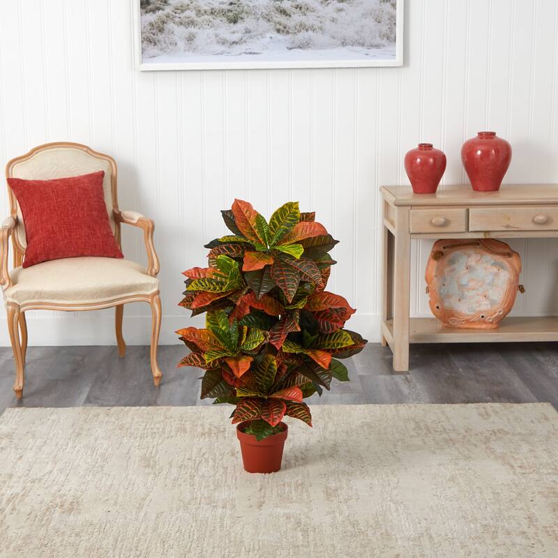 3' Orange Artificial Croton Plant in Brown Pot
