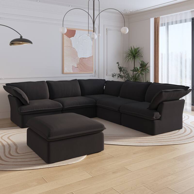 Modular Cloud Couch, Linen Corner Sectional Couch with Storage Ottoman - Black