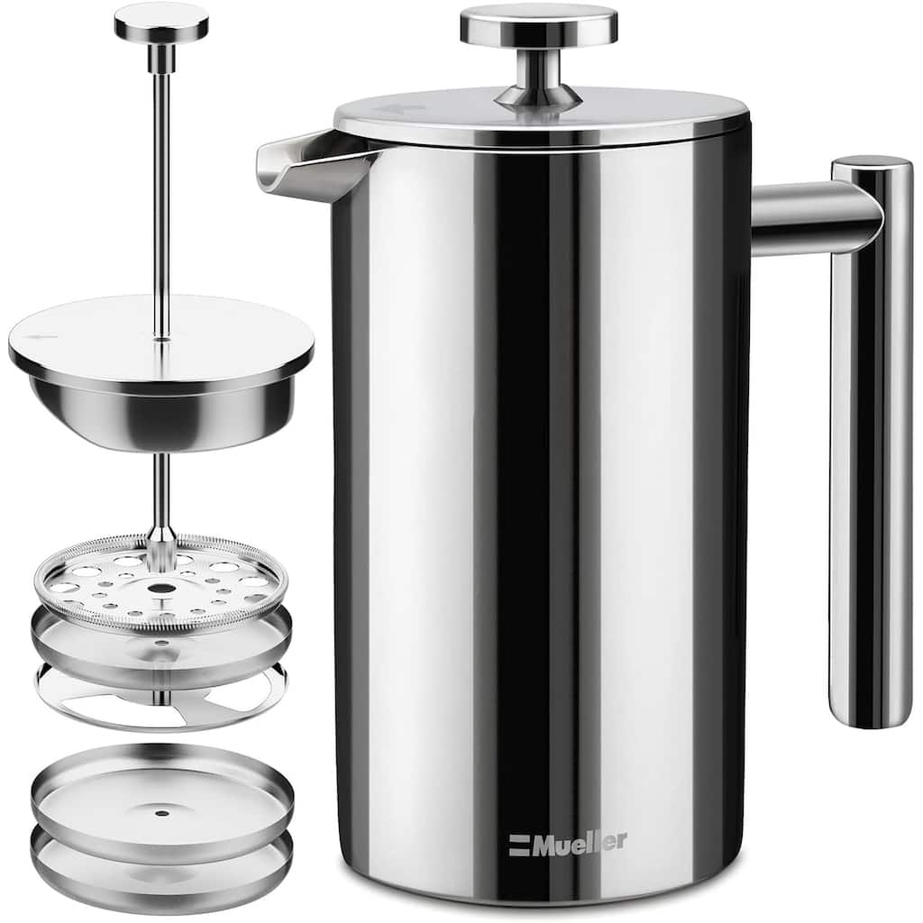 MuellerLiving French Press 20oz, Stainless Steel, 4 Filter Heat Resistant Double Insulated, Rust-Free, Dishwasher Safe - 20 oz