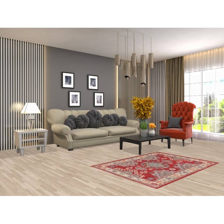 Red Kazak Accent Rug Handmade Geometric Wool Carpet - 3'4"x 4'8"