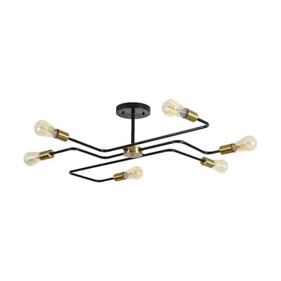 6-Light Industrial Black Brass Sputnik Semi Flush Mount Ceiling Light - 36.6 Inches