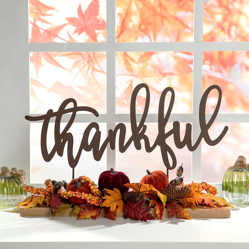 Glitzhome 24" Metal Fall Floral Candle Holder Center Piece - Thankful Without Candle Holder