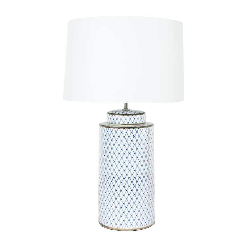 Ceramic Table Lamp with Linen Shade - Indigo and White