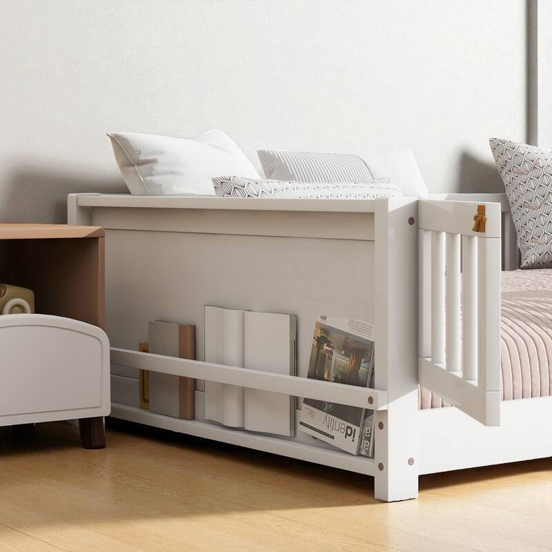 Twin Size Floor Platform Bed with Guardrails, Revolving Door and Built-in Book Rack