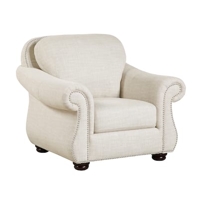 Boro 42 Inch Sofa Armchair, Soft Beige, Armrests w Nailhead Trims