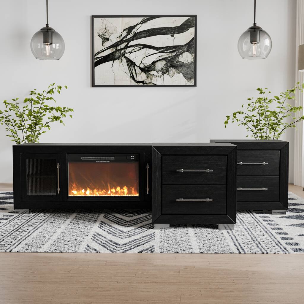 Furniture of America Alaric Modern Black Solid Wood 60-inch Fireplace TV Stand and 2 Nightstand Bedroom Set