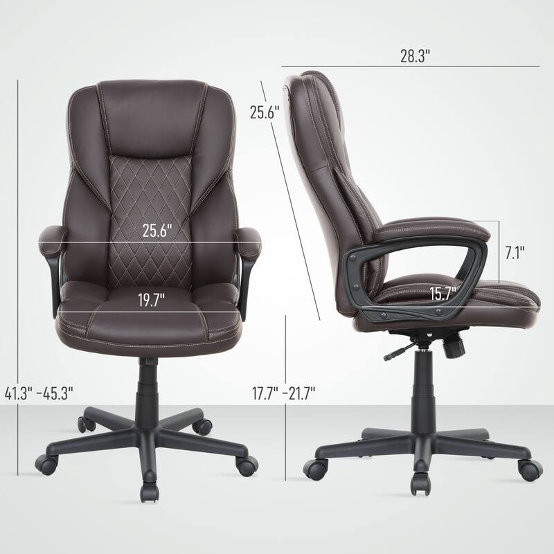 Modern PU Leather Height Adjustable Office Chair with Diamond Stitching and Thick Cushions - 25.6" W x 28.3" D x 41.3" -45.3" H