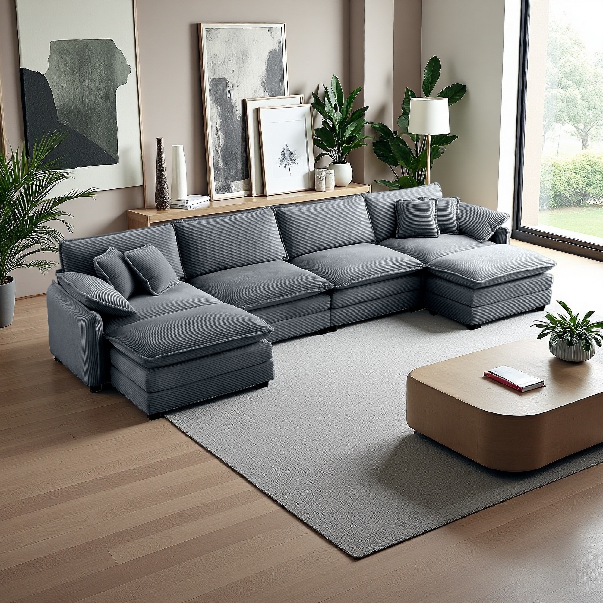 150.38" Corduroy U-Shaped Modular Sectional Sofa with 2 Ottomans,2 Arm Pillows and 4 Throw Pillows (4-Seater)
