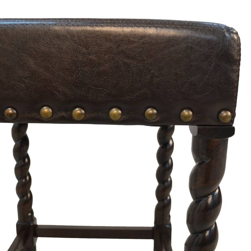 24" Brown Nailhead Trimmed Counter Stool with Barley Twist Legs