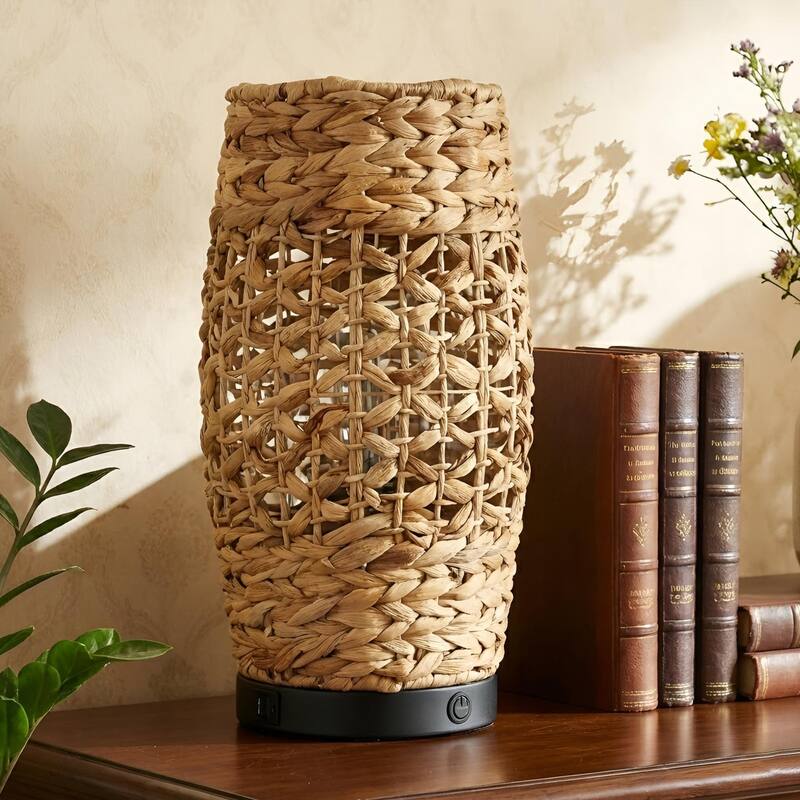 Acroma Rattan Decorative Table Lamp with Black Metal Base