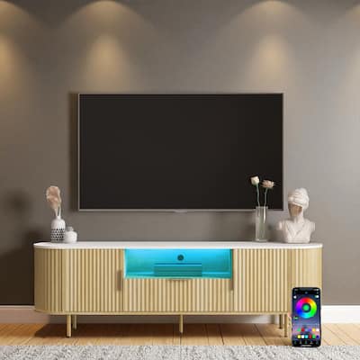 68.5" Modern Floor-Standing TV Stand with 16-Color LED Lights, Entertainment Center with Storage Doors & Shelves