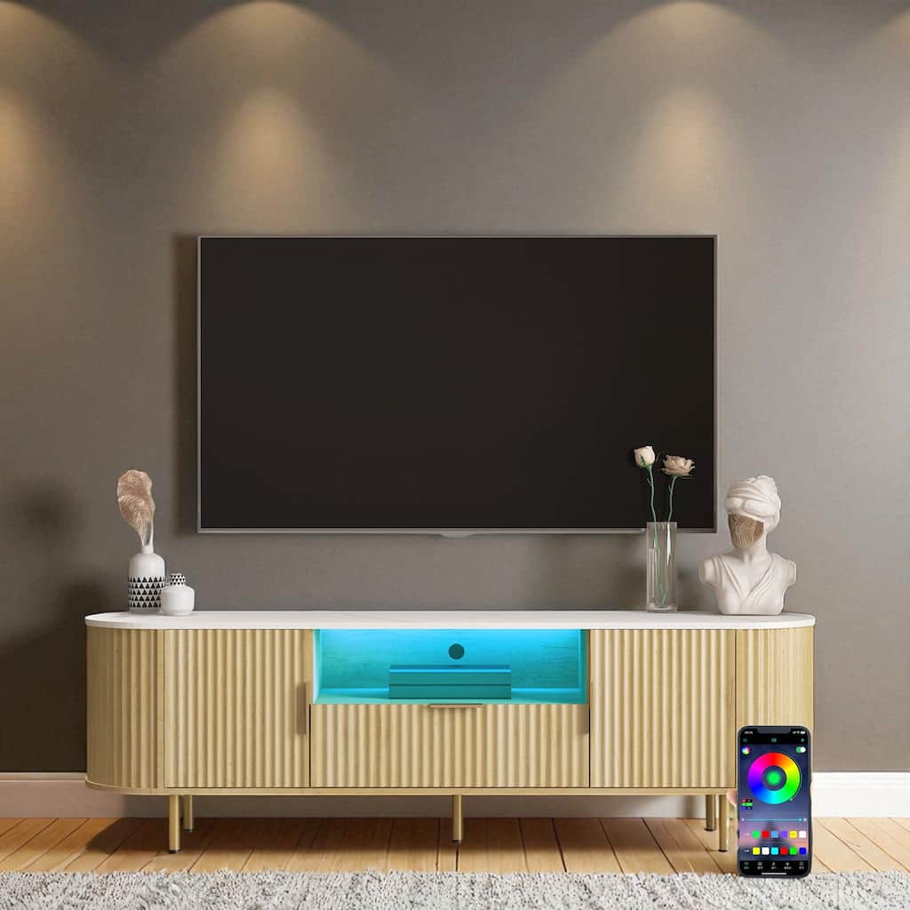 68.5" Modern Floor-Standing TV Stand with 16-Color LED Lights, Entertainment Center with Storage Doors & Shelves