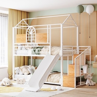 White House-shaped Metal Bunk Bed wHouse Roof Frame, Twin Over Twin Bed, Storage Stair, Slide for Teens Children Playhouse Bed