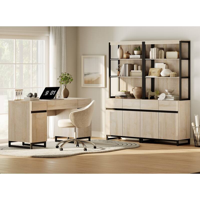 WAMPAT 59" Modern Executive Desk with Charging Station & Storage Cabinet + 72" Tall Bookcases.