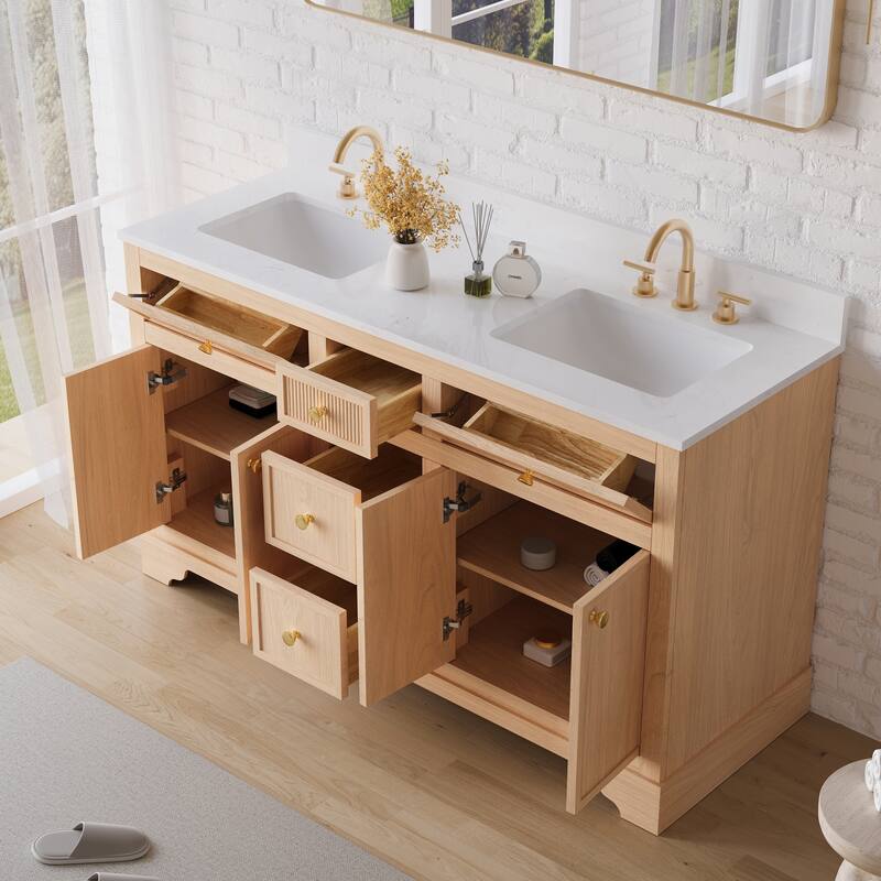 35''H Bath Solid Wood Vanity with Stain-resistant Carrera White Quartz Top And Single Sink