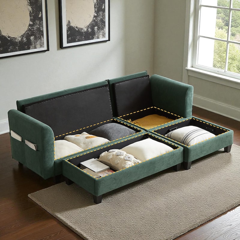 83" L-Shaped Sectional Sofa with Storage Seats Movable Ottoman Curved Armrests Chenille Couch with 6 Pillows