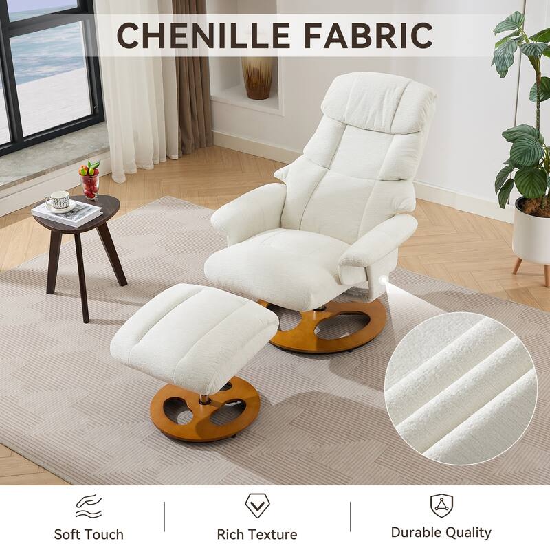 Recliner Chair with Ottoman, 360° Swivel Lounge Chair with Footstool, Chenille Fabric, Seat Heating & 140° Adjustable Backrest