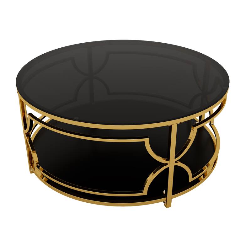 Glass Coffee Table Round Living Room Table, Luxurious Storage Table with Lower Shelf, 30.7" Center Table with Tempered Glass Top