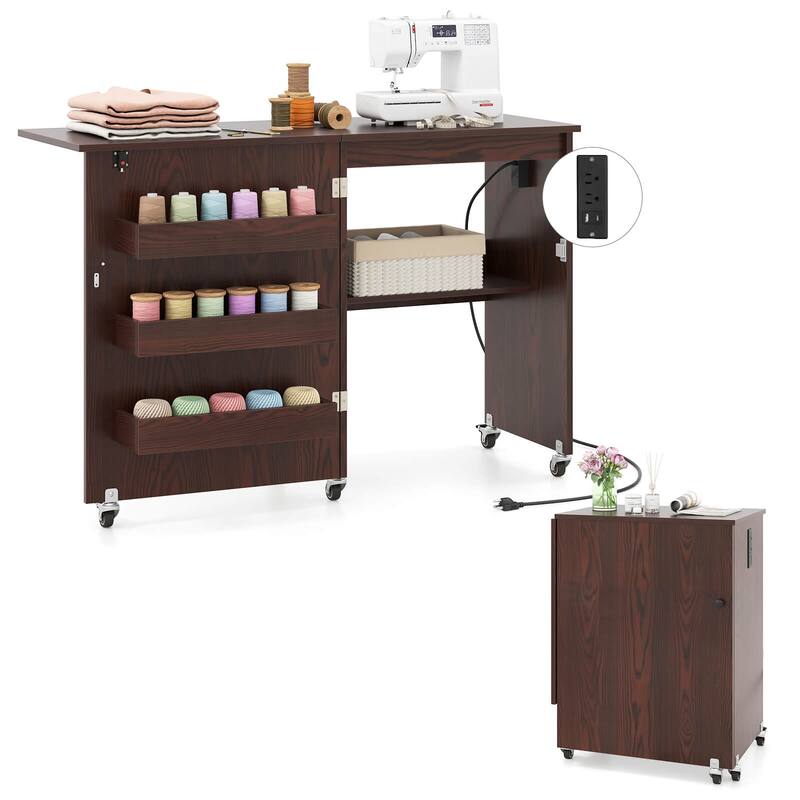 Costway Folding Sewing Table Rolling Craft Station with 3 Storage Bins - See Details