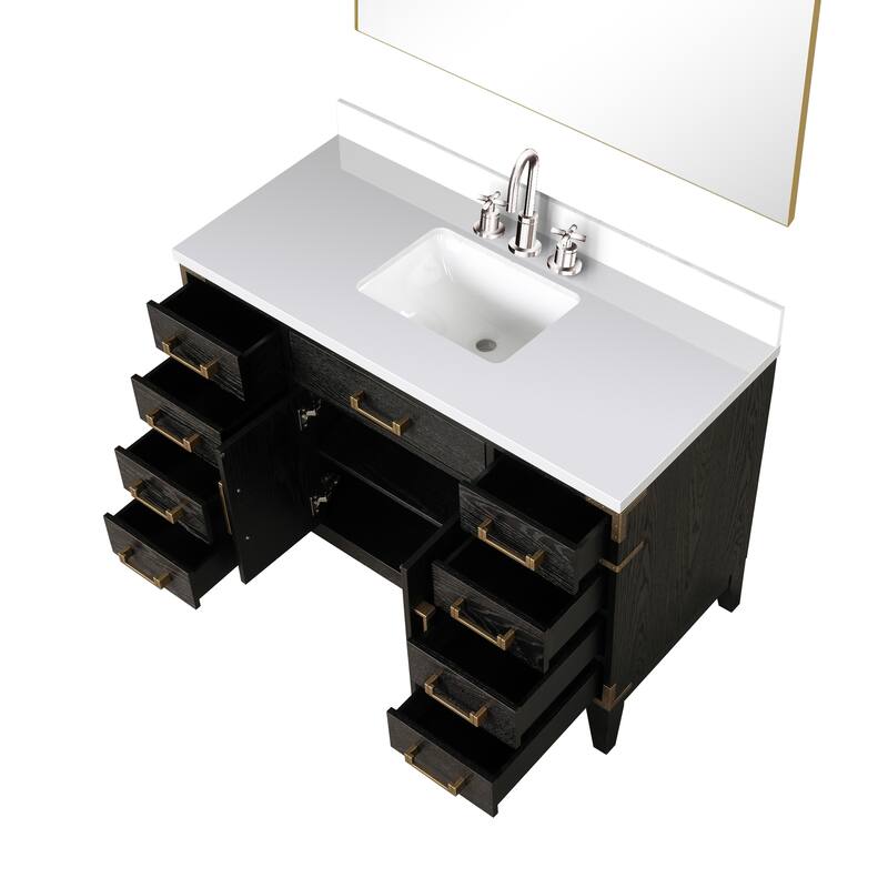Laurel 48 in W x 22 in D Black Oak Single Bath Vanity, White Quartz Top, Faucet Set, and 46 in Mirror