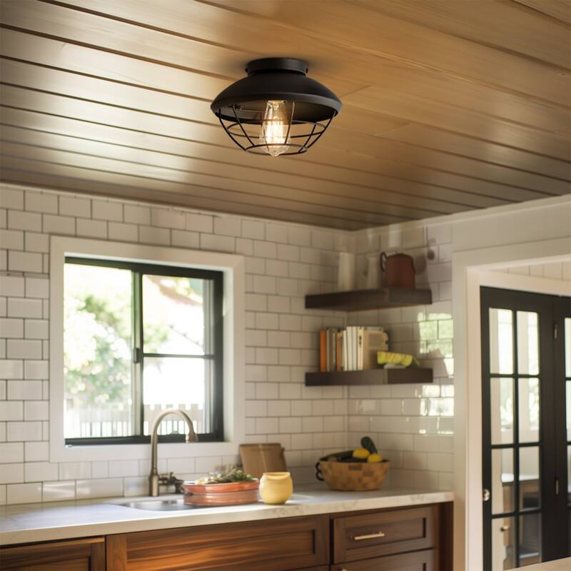1-Light Outdoor Flush Mount Ceiling Light, Matte Black, Metal Cage Shade, Weather Resistant, Indoor - 10"