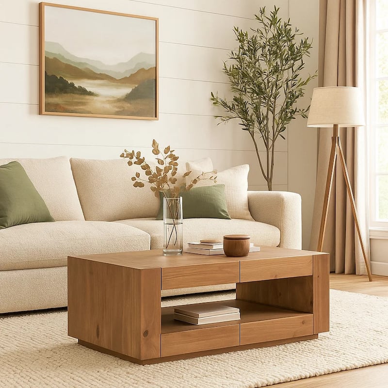 Ayma Coffee Table, 1 Inner Shelf, Brown Oak Wood, Rectangular 50 Inch