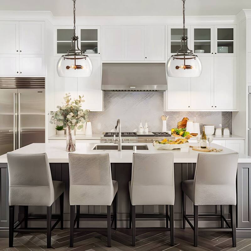 15.9" W 3-Light Modern Farmhouse Matte Black Pendant light with Clear Glass Dome Shade for Kitchen Island, Dining Room, Foyer