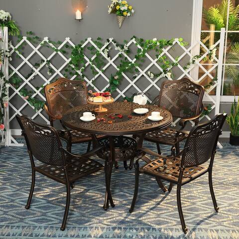 5-Piece Cast Aluminum Pattern Patio Dining Set with Bronze Coating Vintage Stackable