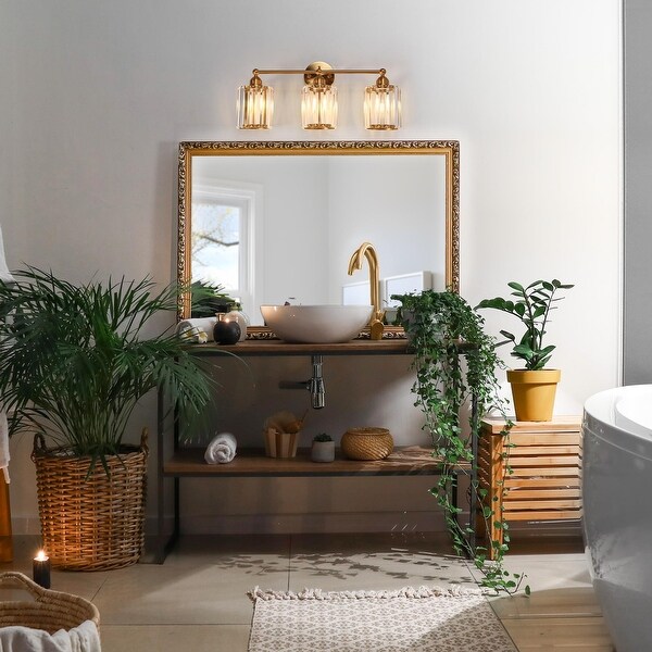 Modern Glam Crystal 3 Light Gold Bathroom Vanity Lights Dimmable Plating Brass Wall Sconce L 23.6 D 6.7 H 10.6