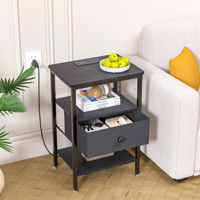 VECELO Nightstand Set with Charging Station 2 AC Outlets & 2 USB Ports 24-Inch High nightstand with Fabric Drawer 2 Open Shelves