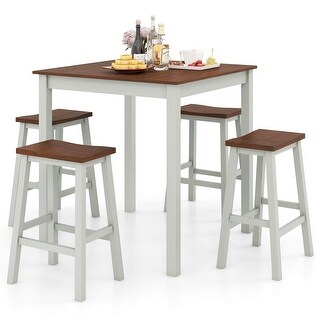Gymax 5PCS Dining Table Set w/ 4 Saddle Stools Acacia Wood Legs Modern ...