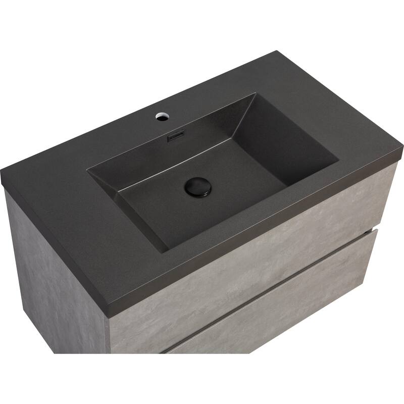 36" Wall-Mounted Floating Vanity with Premium Quartz Sand Basin, Grey Modern Storage Cabinet