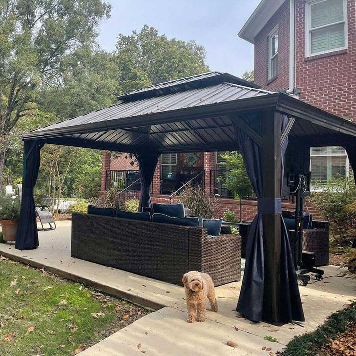 PURPLE LEAF Hardtop Aluminum Gazebo with Curtains and Netting, Double Roof Patio Gazebo