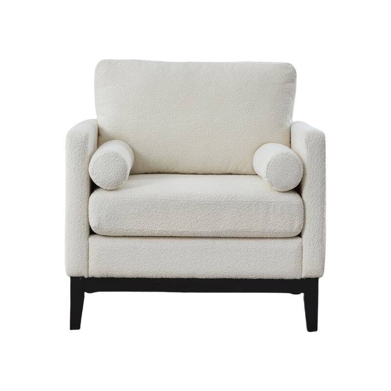 35" Farmhouse Style Boucle Single Sofa Accent Chair with Storage Footstool, Natural Wood Legs for Living Room, Office