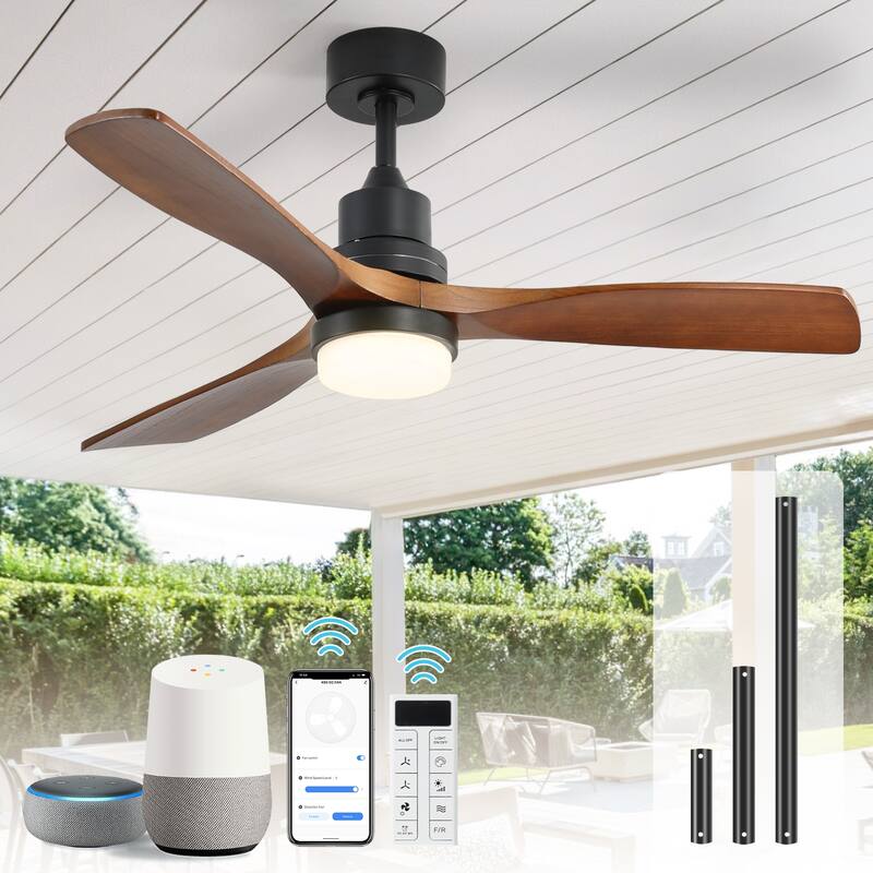 52" Solid Wood Noiseless 3-Blade Ceiling Fans with Dimmable LED Light Optional and Remote, 6-Speed Reversible DC Motor