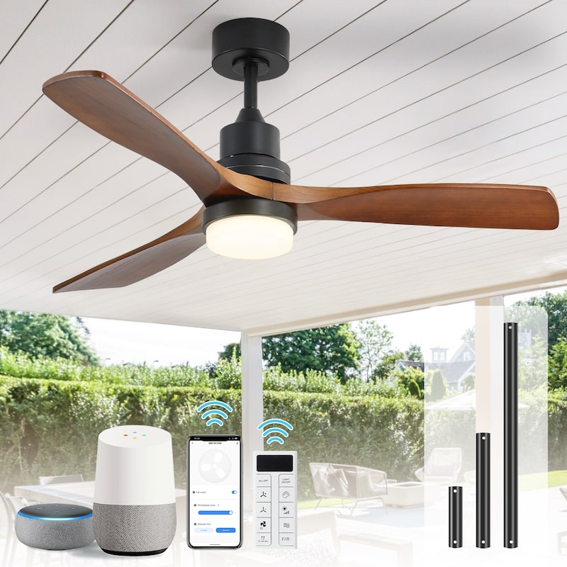52" Solid Wood Noiseless 3-Blade Ceiling Fans with Dimmable LED Light Optional and Remote, 6-Speed Reversible DC Motor - (Smart)Black and Walnut Wood Blades/With light