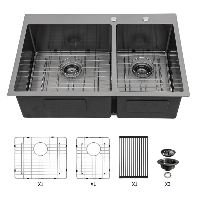 33" Drop-In 16 Gauge Double Bowl Stainless Steel Kitchen Sink in Gunmetal Black - 33'' x 22'' x 10''