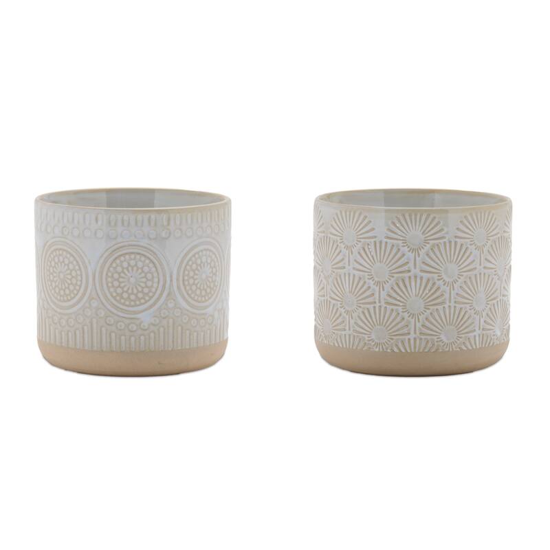 Geometric Porcelain Planters - 4.75" - Beige and White - Set of 3