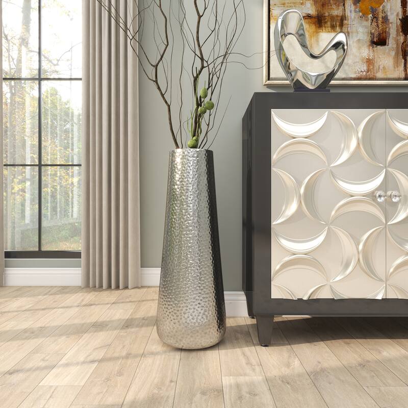 Silver Aluminum Metal Tall Hammered Vase