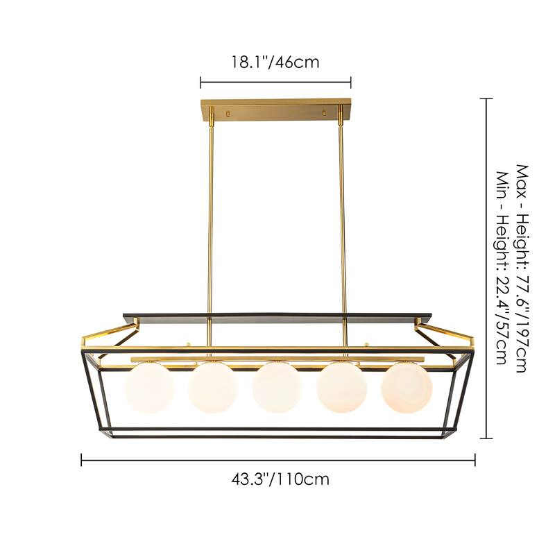 5-Light Modern Linear Chandelier in Matte Black and Brass Finish with Milky White Glass Globes for Dining Room or Kitchen Island