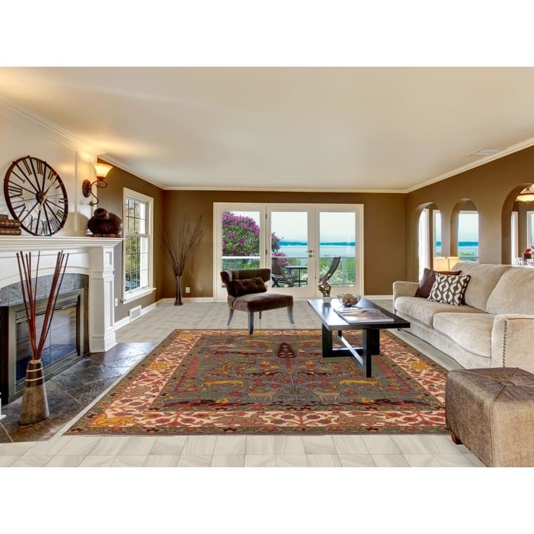 Hunting Animals Ziegler Indian Area Rug Hand-Knotted Wool Carpet - 9'1" X 11'10"