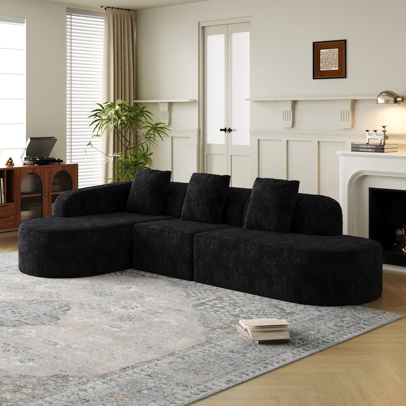111.8" Modern L-shaped Curved Modular Sofa with Three Pillows - Black - Right Facing
