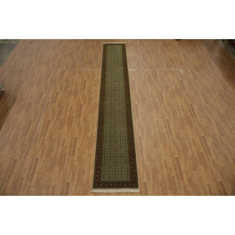 Hand Knotted Oriental 100% Wool Carpet Traditional All-Over Green Tabriz Runner Rug - 17' 4'' X 2' 8''