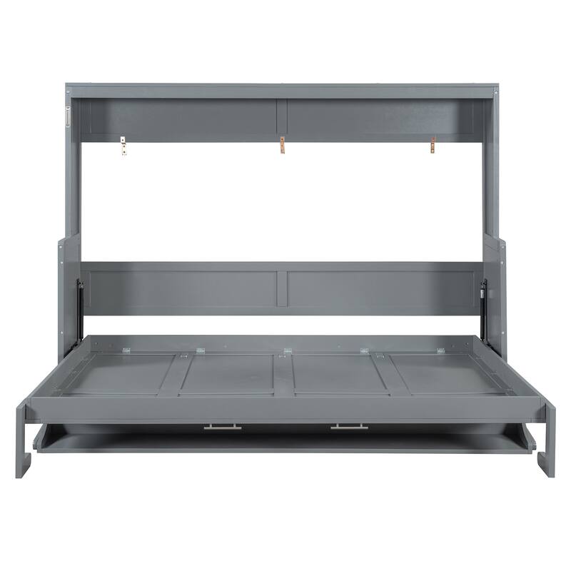 Space-Saving Queen Murphy Bed with Hydraulic Lift & Foldable Desk in Gray