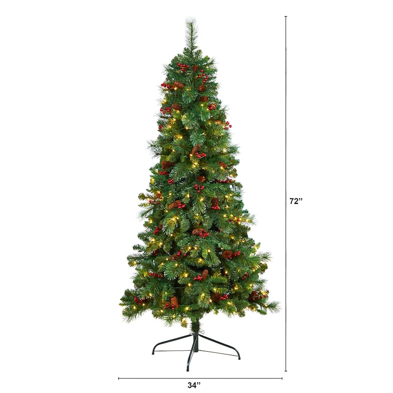 6ft. Flat Back Pine Artificial Christmas Tree with Pinecones, Berries & 150 Warm White LED Lights - Festive Holiday X-Mas Accent